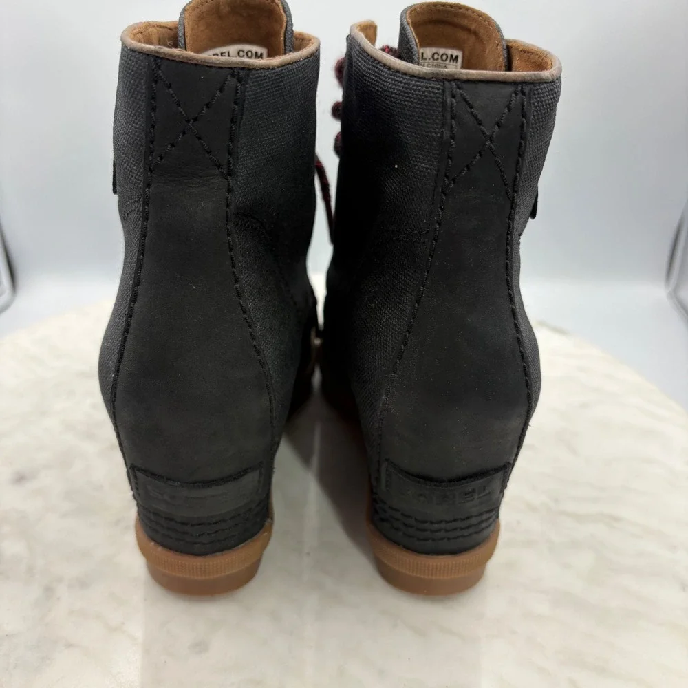 Sorel PDX Wedge Boots Women 6.5 Black Excellent LaceUp Canvas Leather Waterproof